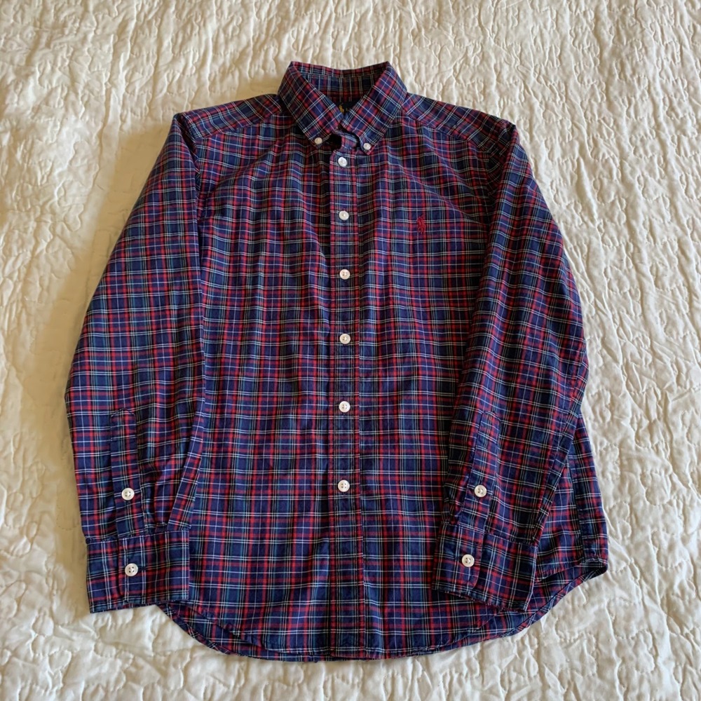 Ralph Lauren M (10-12) Button Down Shirt Blue Red Plaid Cotton Long Sleeve Pony